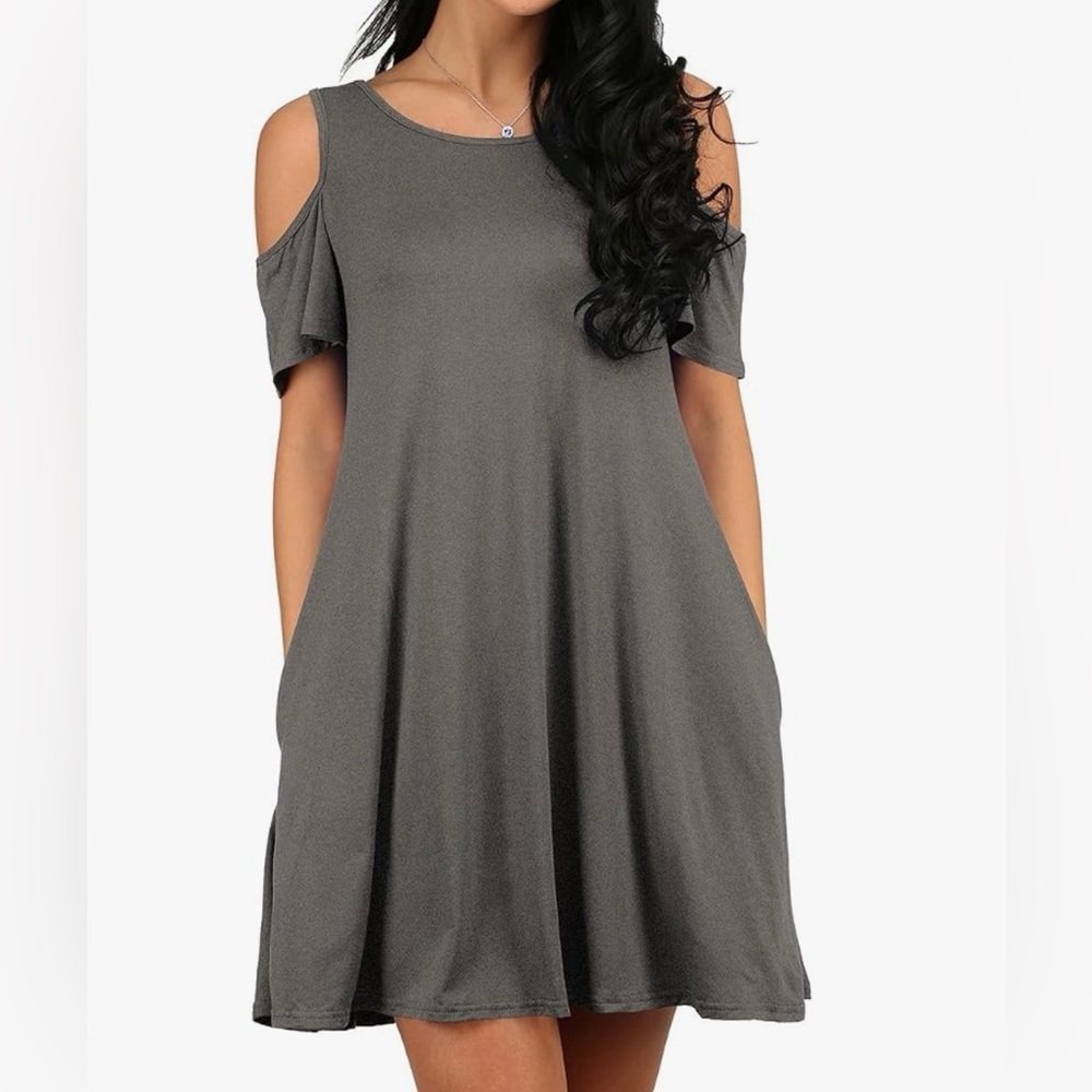 Cold Shoulder Flowy Dress in Charcoal Gray